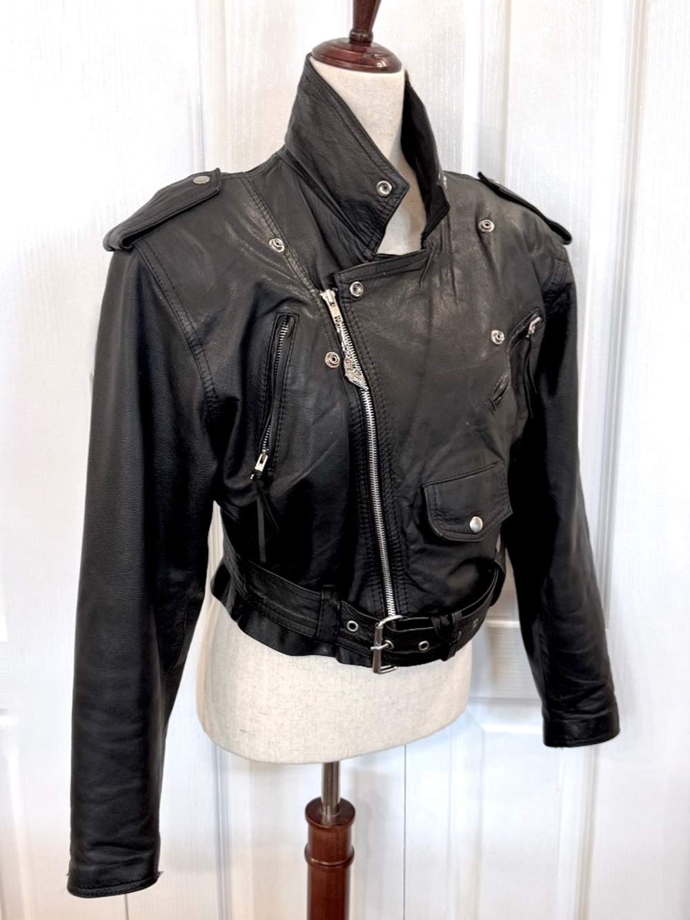 Vintage, Woman's Size Med Cropped Black Leather Motorcycle Jacket by Wilson’s
